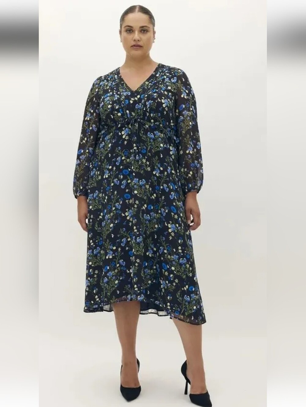 Black Floral V-Neck Long Sleeve Midi Dress with Blue Flowers